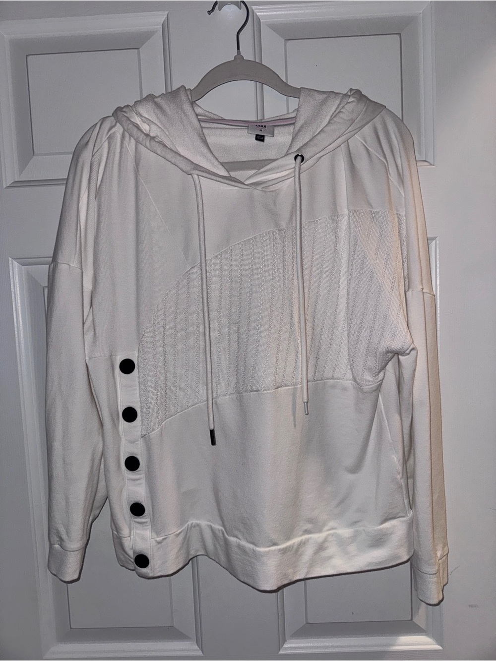 CAbi White Hooded Pullover with Side Button Accents